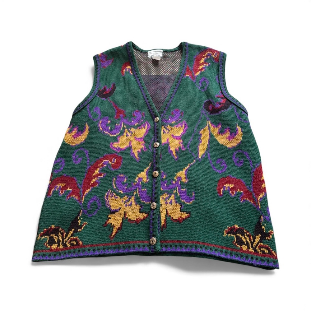 Must Haves by Doris Poser Women's 1X Knit Vest Green Floral Pattern granny core